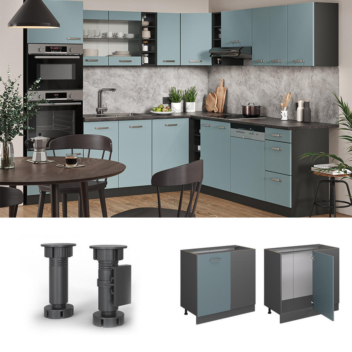 ECKUNTERSCHRANK R-Line Blau-Grau 86 cm, AP Eiche - Anthrazit/Blaugrau, Holzwerkstoff (86/81.6/60cm) - Vicco