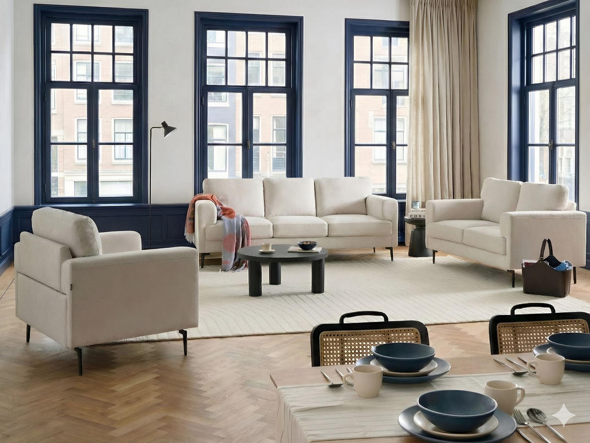 SOFA-SET 6-Sitzer Stoff Hellbeige Lousto - Beige/Schwarz, Textil (213/85/65cm) - Beliani