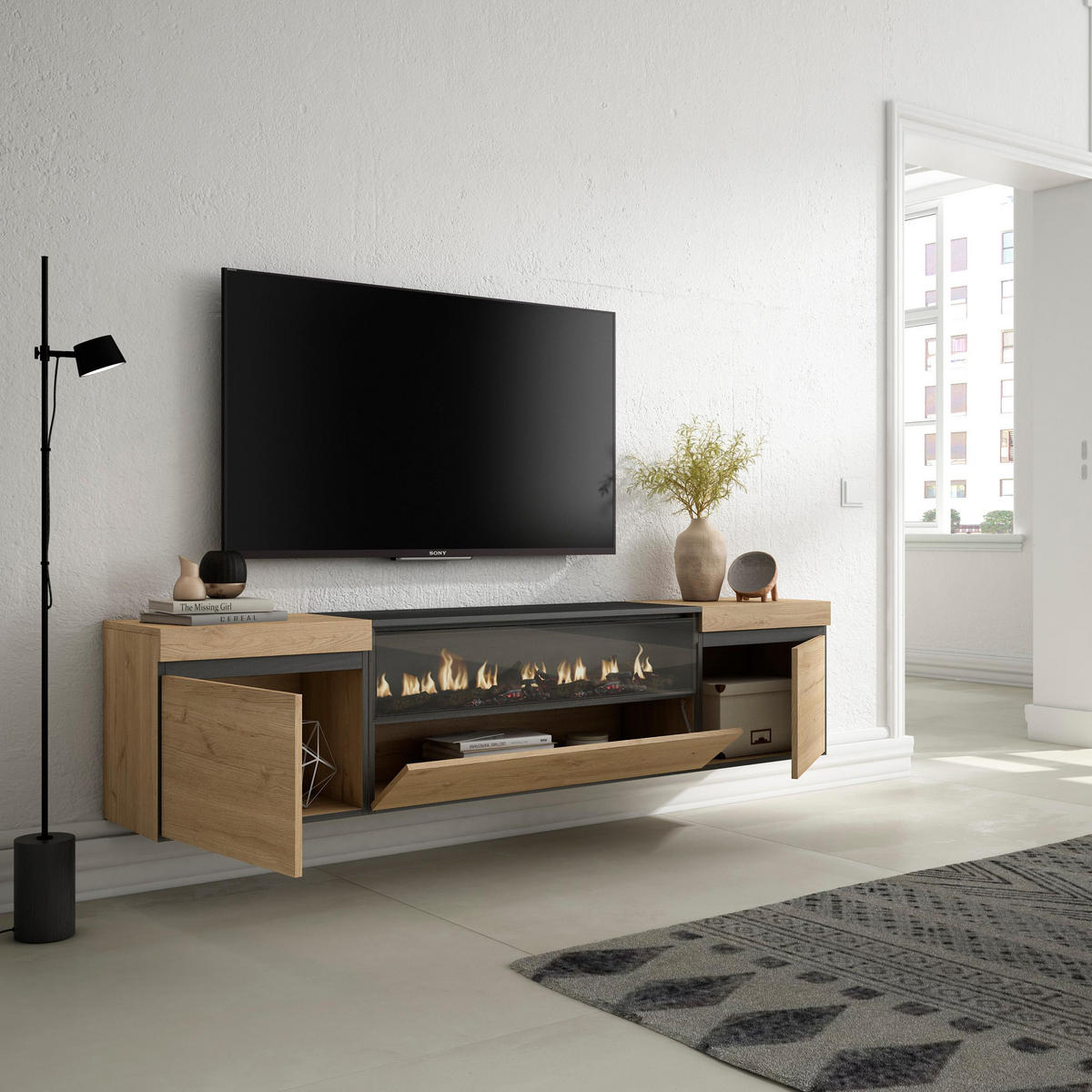 LOWBOARD Elektrokamin, Hängend, eiche, schwarz, 200/35/45cm - Eichefarben/Naturfarben, Holzwerkstoff (200/45/35cm) - Skraut Home