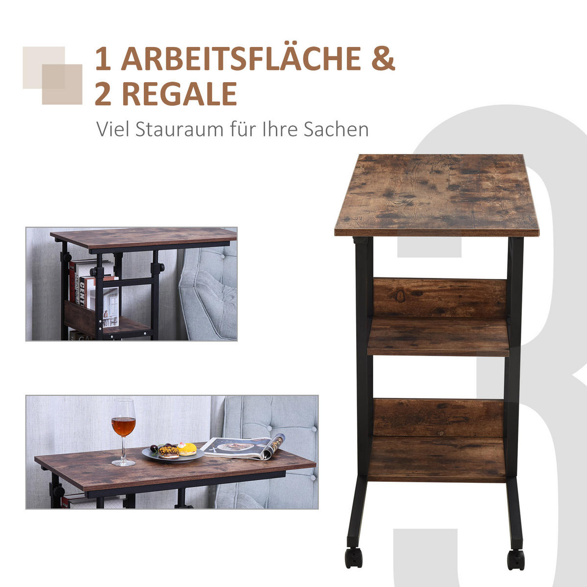 BEISTELLTISCH Couchtisch mit Rollen höhenverstellbar 2 untere Regale Esszimmer - Dunkelbraun, Kunststoff (80/40/82cm) - HOMCOM