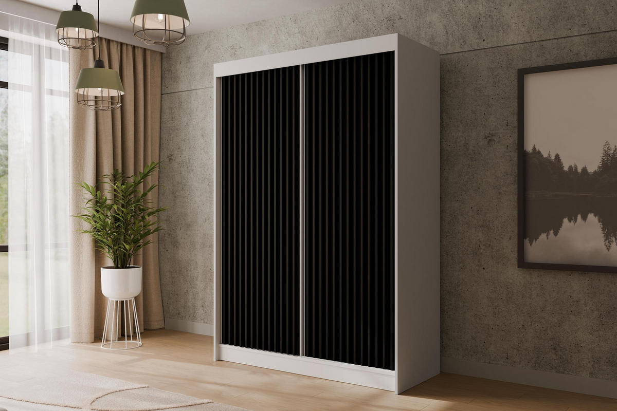 KLEIDERSCHRANK mit Lamel-Schiebetüren VILANv2 - 120 cm Weiß + Lamelle schwarz - Schwarz/Weiß, Holzwerkstoff (120/215/61cm) - ALTDECOR