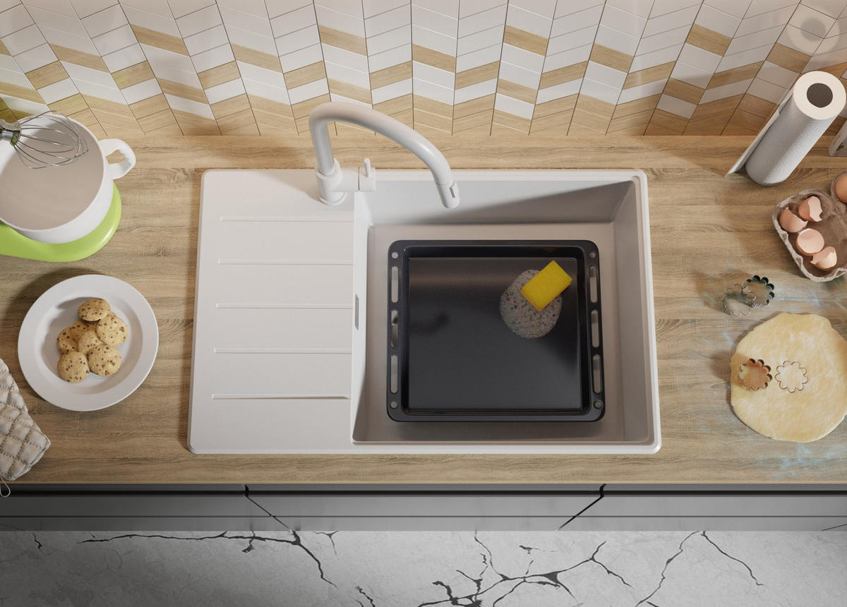 GRANITSPÜLE Kopenhagen, 2-er set Alles Weiß 78/50 cm 1 Becken + Küchenarmatur 40/20 cm + Ablauf-Set + Schneidebrett ab 60er Unterschrank - Beige/Weiß, Kunststoff (78/20/50cm) - Primagran