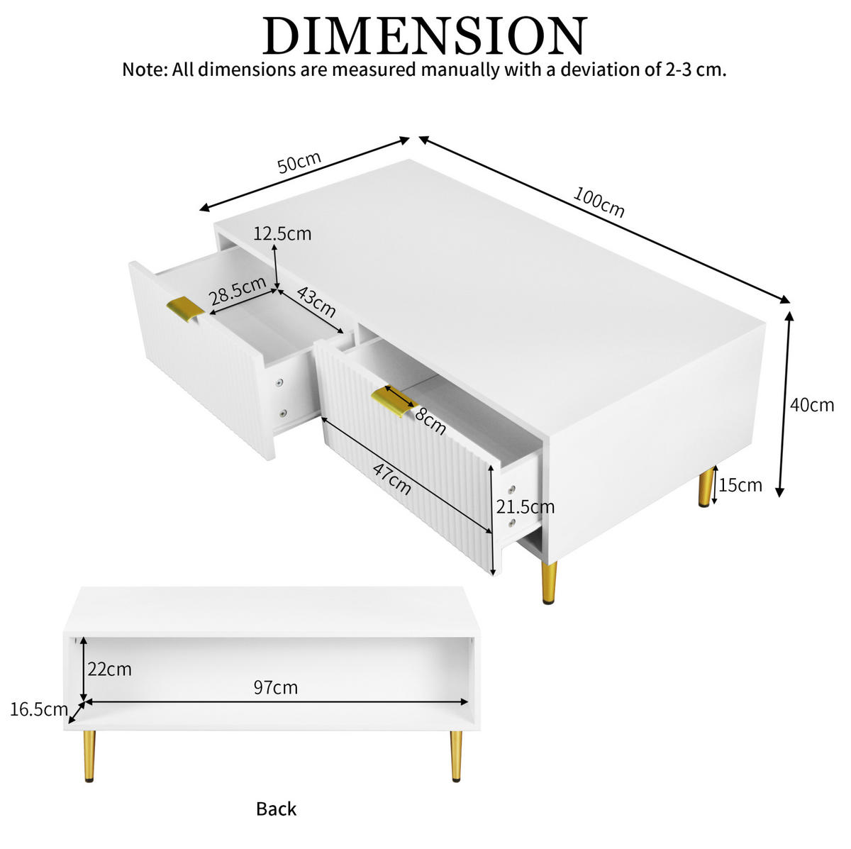 COUCHTISCH 100/50/40 cm weiß aus MDF mit 2 Schubladen - Weiß, Holzwerkstoff (100/50/40cm) - OKMYHOME