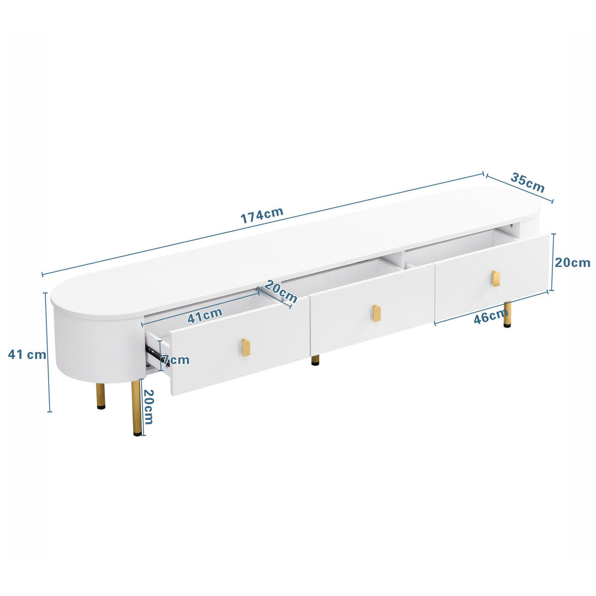 TV-LOWBOARD aus MDF 174x35x41 cm Weiß und Gold mit 3 Schubladen - Weiß, Holzwerkstoff (174/41/35cm) - IVMEU