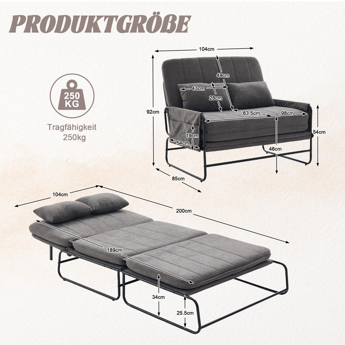 SCHLAFSOFA 2-Sitzer umbaubar mit Metallgestell, DE-42601, Grau - Grau, Metall (104/92/85cm) - ComfortXL