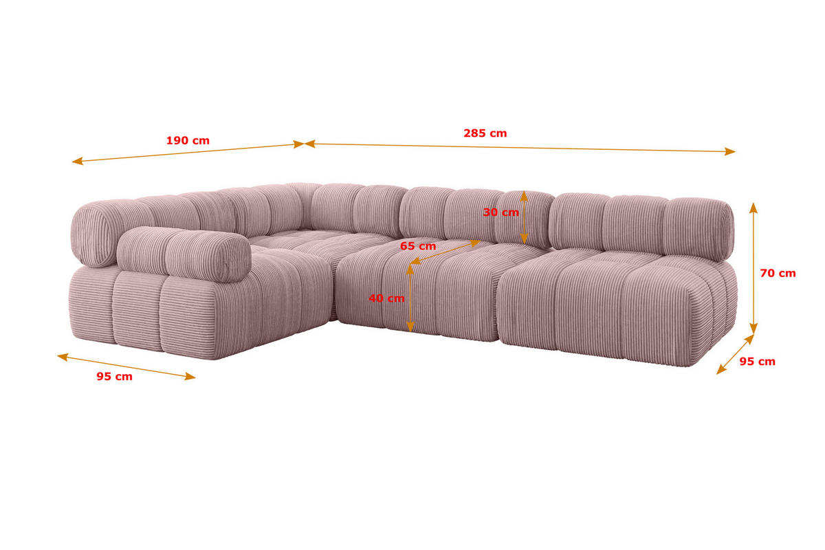 ECKSOFA modulares Sofa Mende-L2 - 285x190x70 cm Rosa Cord - Rosa, Holzwerkstoff/Textil (285/190cm) - ALTDECOR