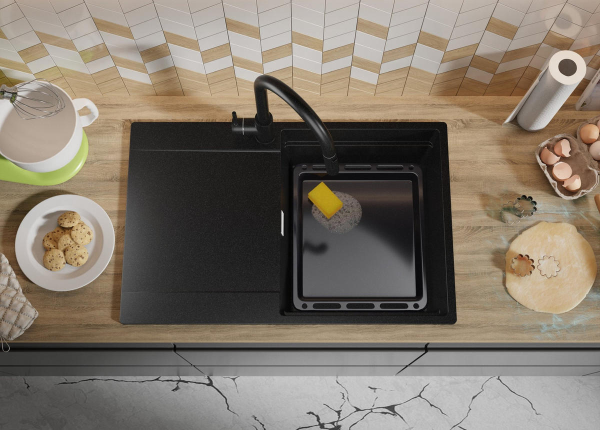 SPÜLBECKEN San Francisco, 2-er set Schwarz 78/50 cm 1 Becken + Ablauf-Set + Aufrollbare Abtropffläche ab 50er Unterschrank - Chromfarben/Schwarz, Kunststoff (78/20/50cm) - Primagran