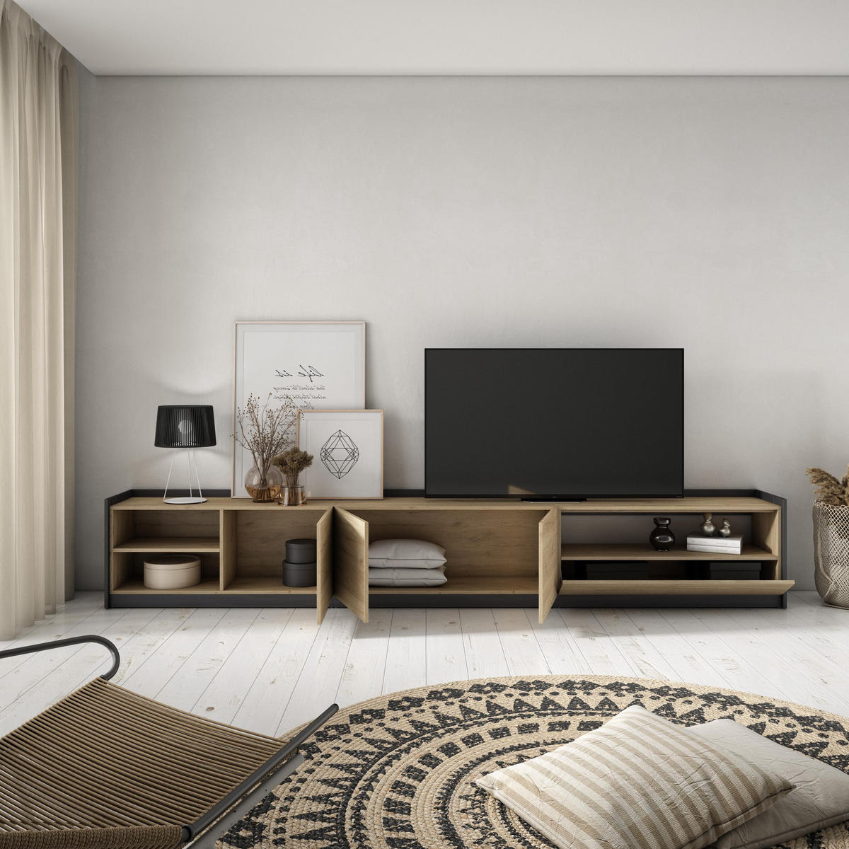 TV-SCHRANK, Lowboard, Eiche Schwarz, 310/37/50cm - Eichefarben, Holzwerkstoff (310/50/37cm) - Skraut Home