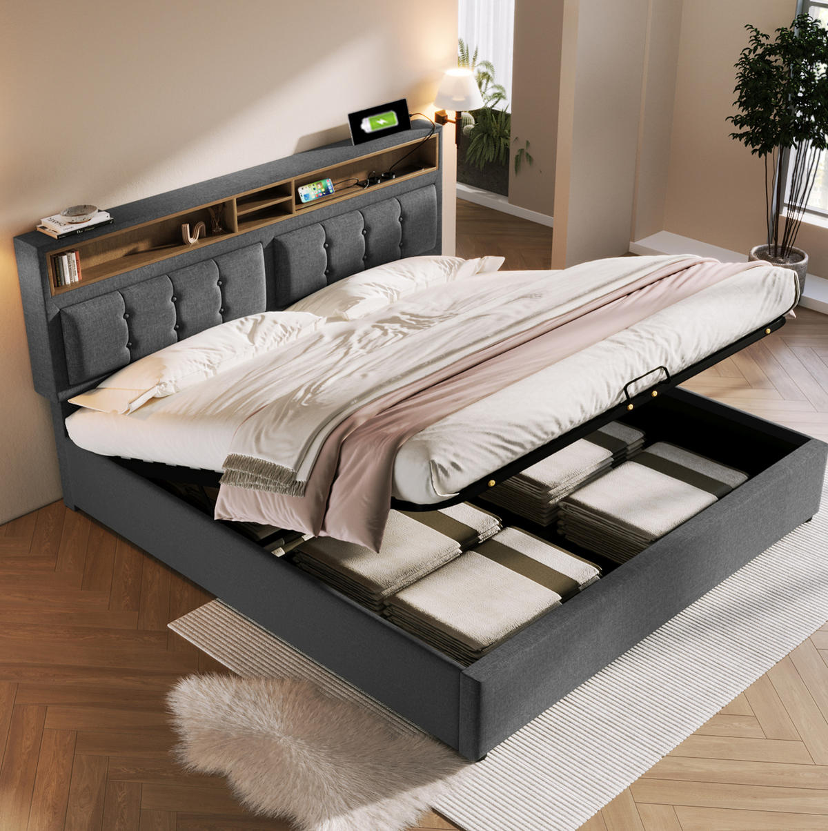 POLSTERBETT mit Stauraum und USB/Typ-C 160x200 cm Leinen Grey - Grau, Metall (160/200cm) - Meubliv