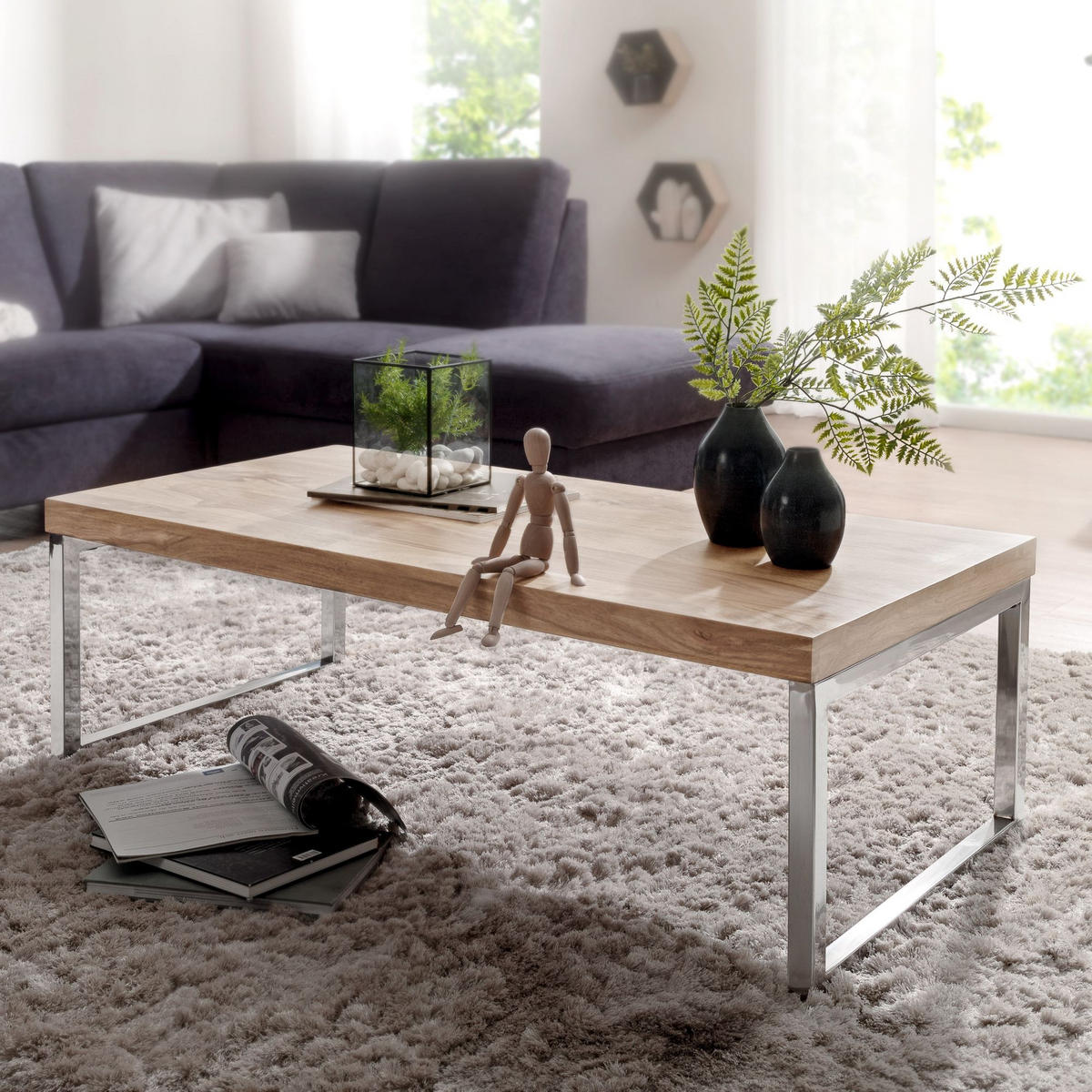 COUCHTISCH Massivholz mit Chromfüßen Handgefertigt, Beige 120x60x40 cm - Beige/Silberfarben, Holz/Metall (60/120/40cm) - KADIMA DESIGN