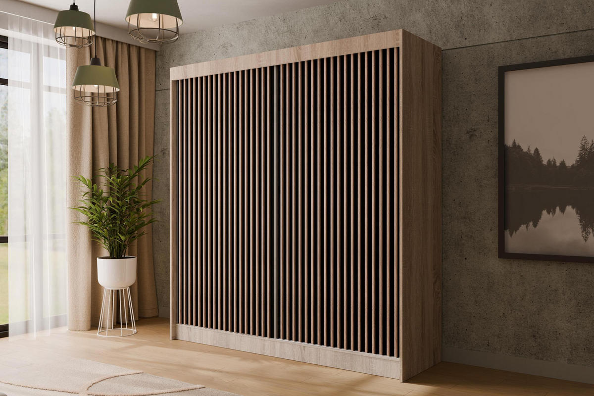 KLEIDERSCHRANK mit Lamel-Schiebetüren VILANv2 - 200 cm Sonoma Eiche + Lamelle Eiche Wotan - Eiche Wotan/Sonoma Eiche, Holzwerkstoff (200/215/61cm) - ALTDECOR