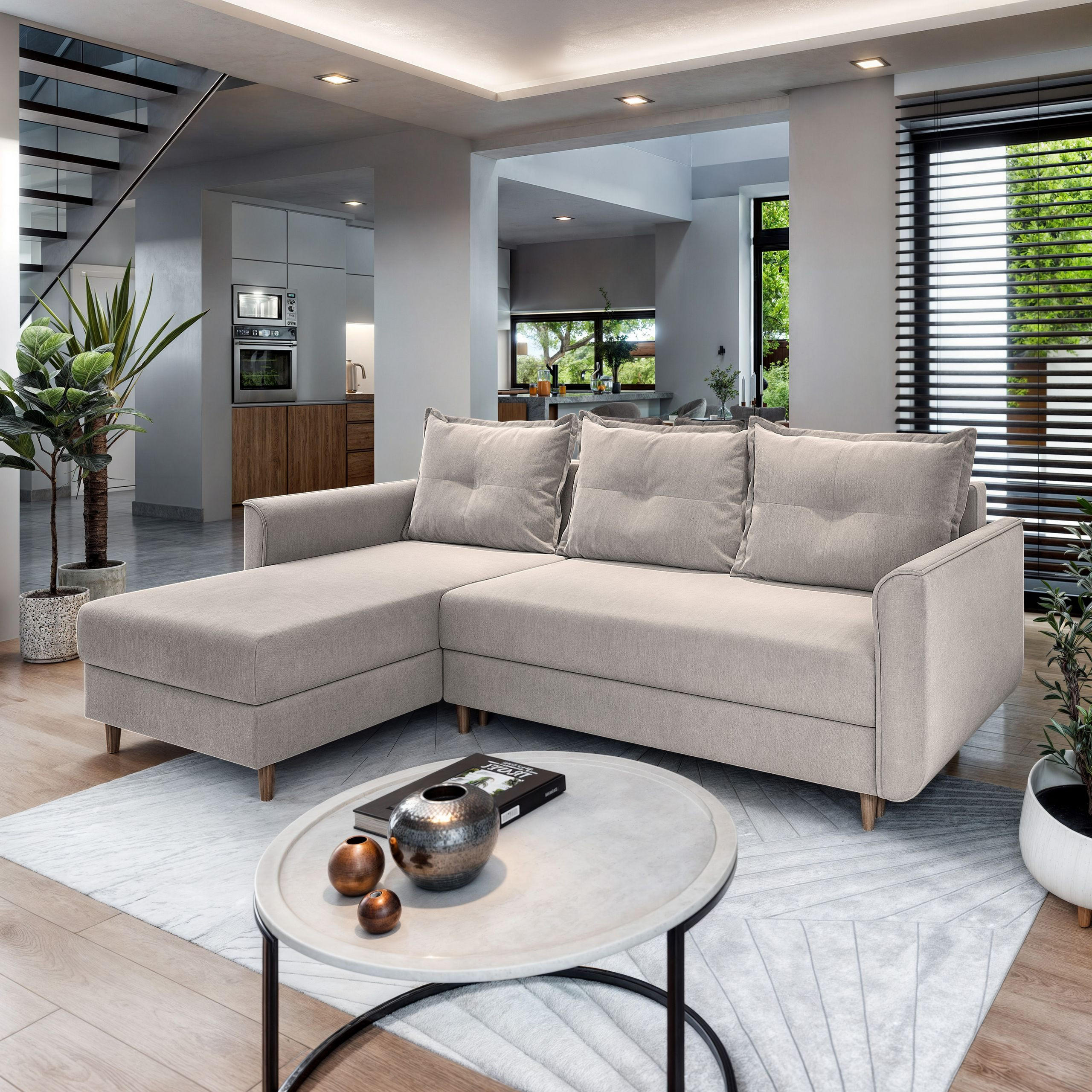 ECKSOFA PISAN L-S Beige Plüsch-Stoff mit Schlaffunktion - Beige, Holz (220/140cm) - MASSENO