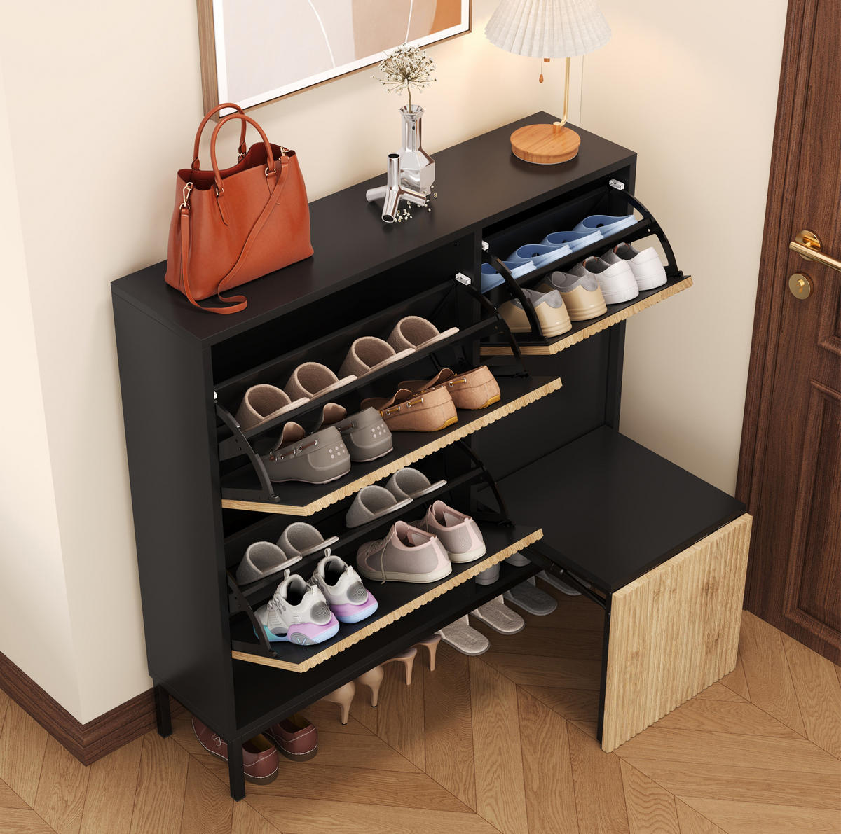 SCHUHSCHRANK mit Sitzbank 100 x 25 x 100 cm MDF Schwarz Natur - Schwarz, Holz (25/100/100cm) - Beauniv