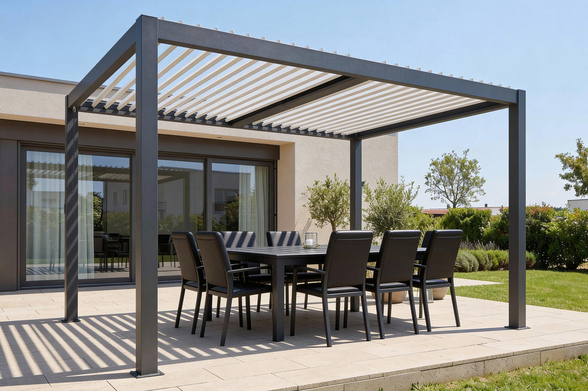 BIOKLIMA-PERGOLA Agosta 4x3m freistehend 250 cm hoch Graues Aluminium mit weißen - Grau, Metall (394/248/300cm) - Cazeboo