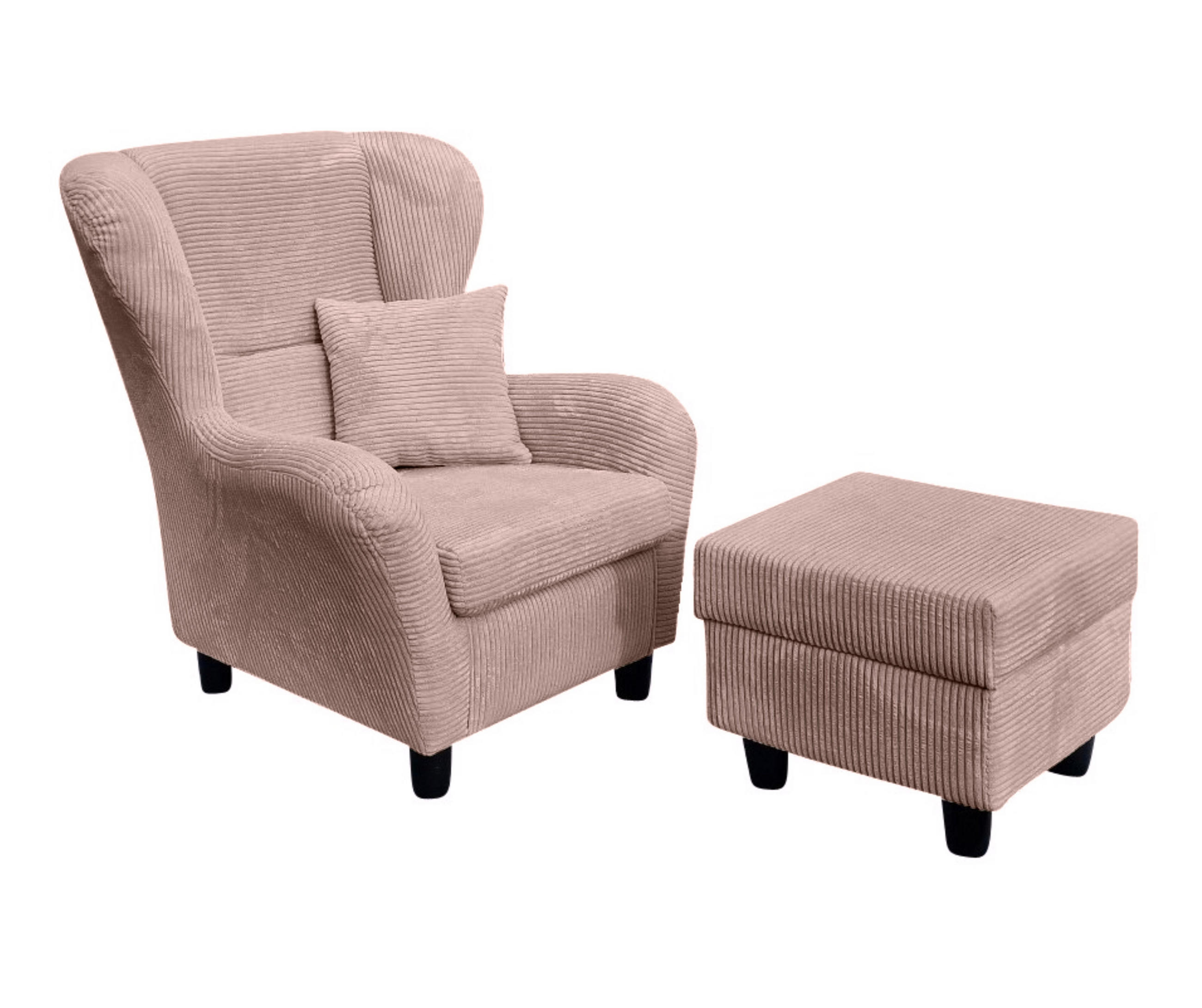 OHRENSESSEL mit HOCKER, hoher Sitzkomfort durch Wellenunterfederung B90/H98/T76 cm, Cord Rosa / 18021 - Schwarz/Rosa, Holz/Textil (90/98/76cm) - luma-home