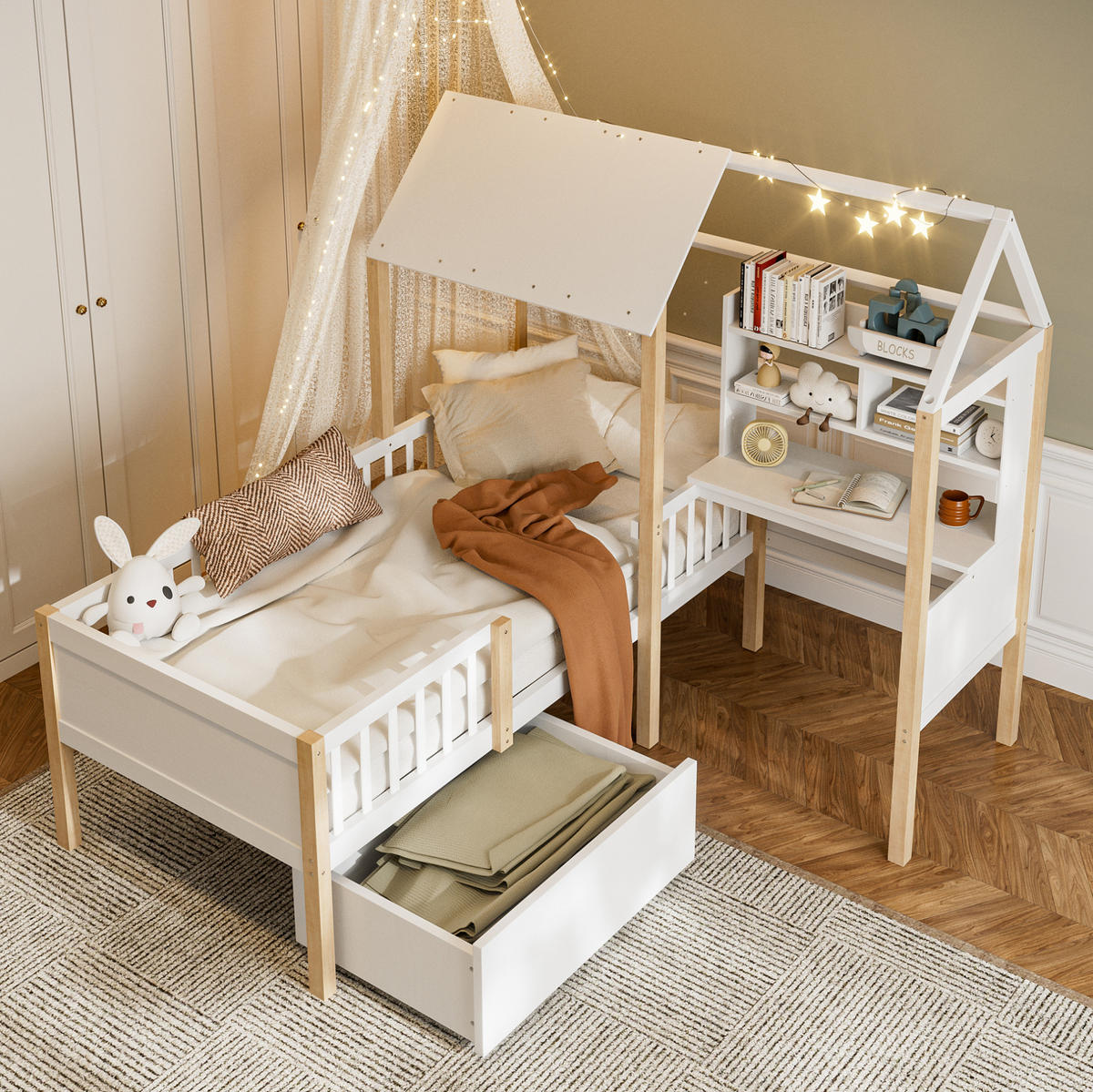 HAUSBETT aus 90x200 cm Weiß mit Schreibtisch, Bücherregal, Rollschubladen und Rausfallschutz - Weiß, Holzwerkstoff (90/200cm) - Modfu