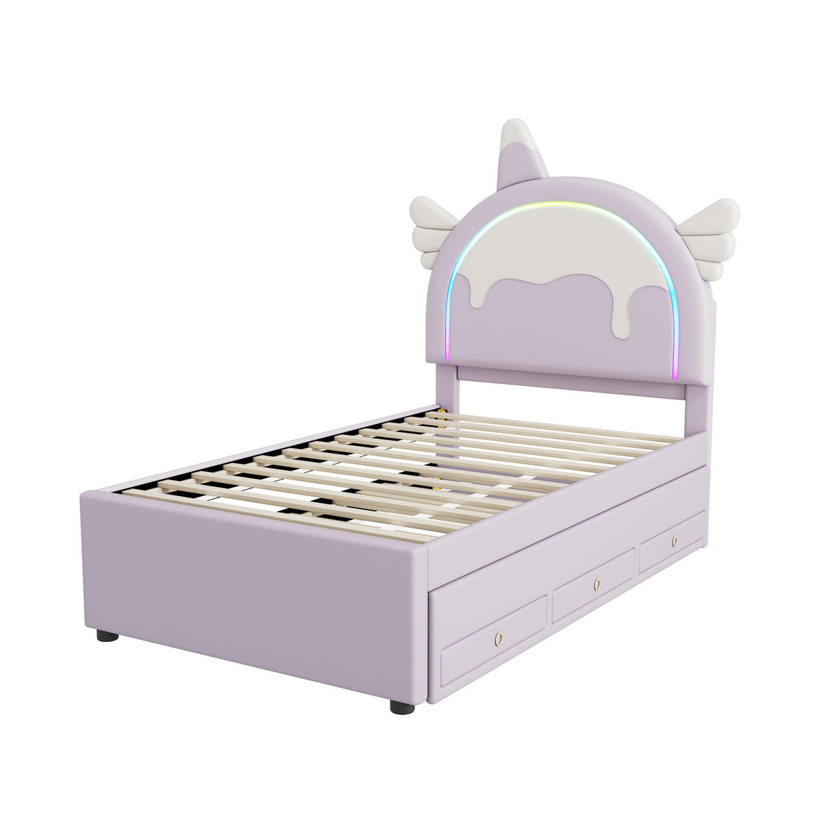 KINDERBETT aus PU 90x200 cm Violett mit ausziehbarem Rollbett und Schubladen im Einhorn-Design - Violett, Kunststoff (90/200cm) - Modfu