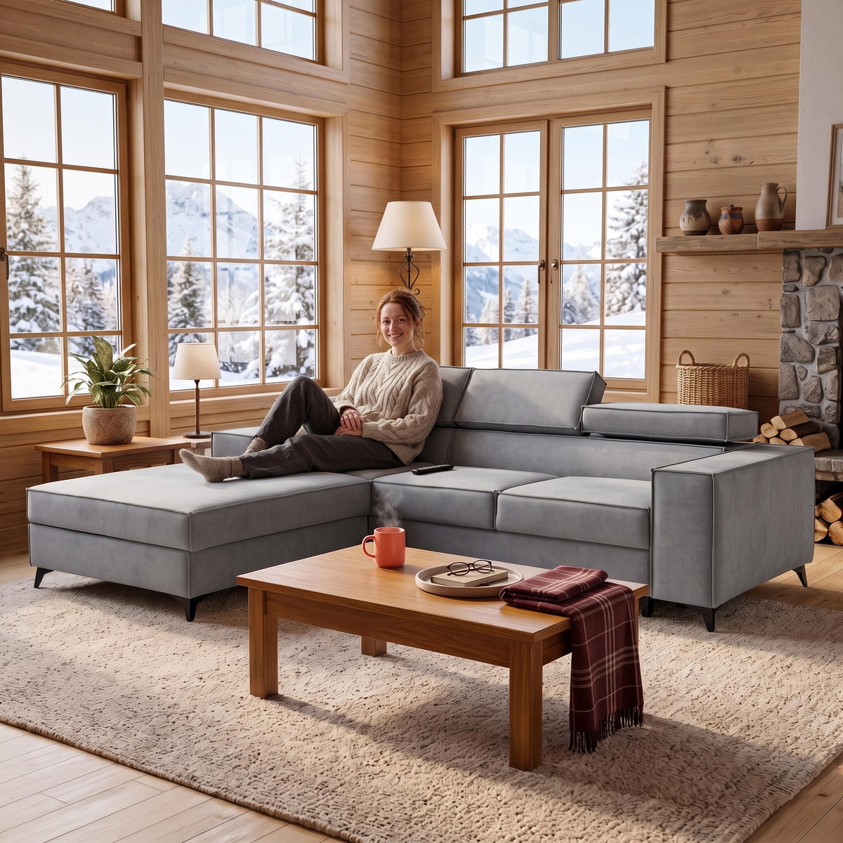 ECKSOFA PURE S Links mit Schlaffunktion 127x215 Velours Hellgrau - Hellgrau/Schwarz, Holz/Textil (281/204cm) - Muffo