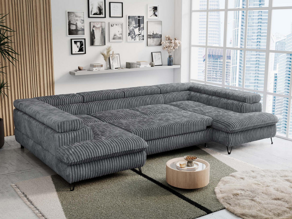 WOHNLANDSCHAFT PETER U Cord Dunkelgrau - Dunkelgrau/Schwarz, Textil/Metall (346/76/208cm) - MKS
