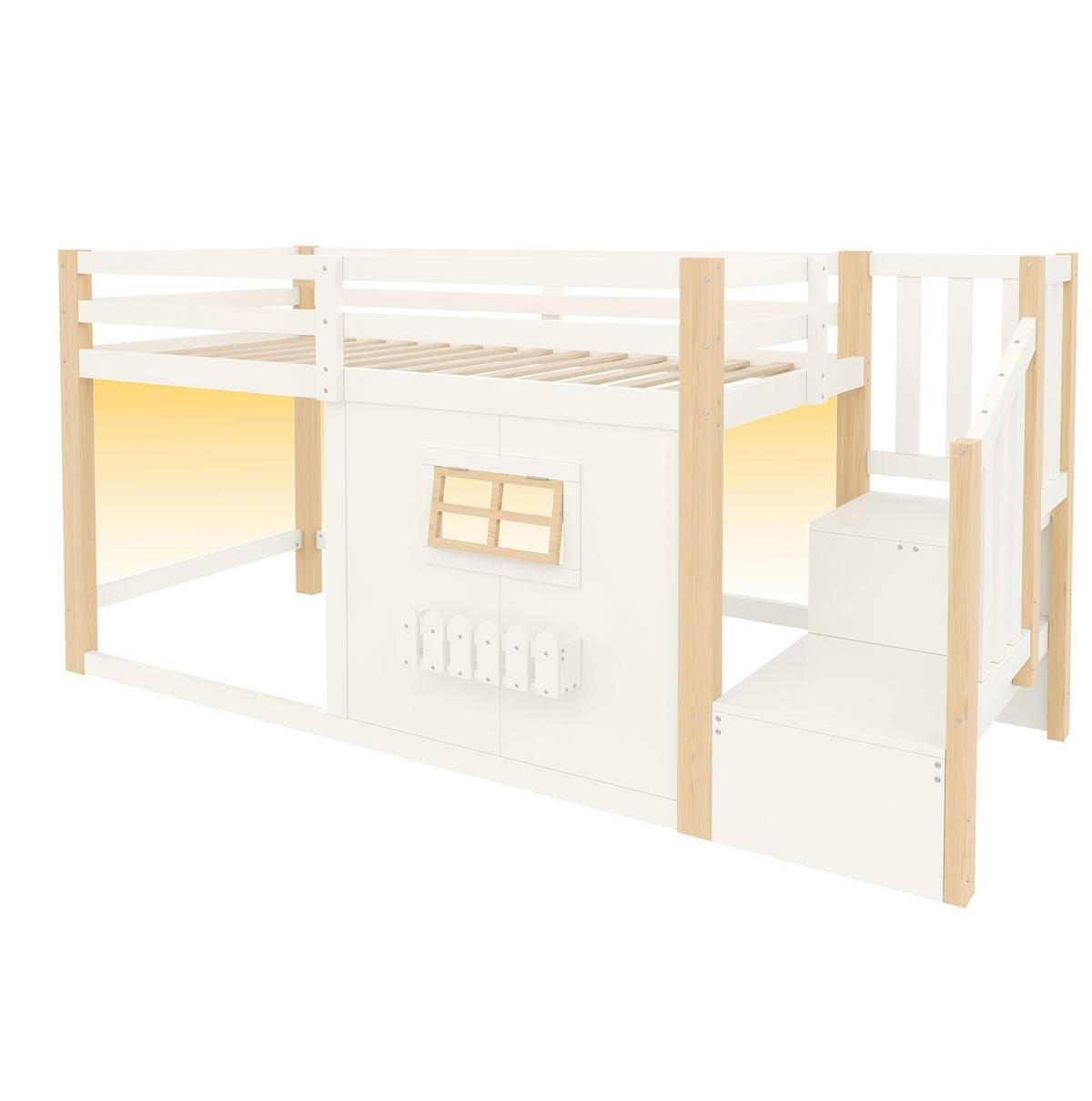 HOCHBETT aus Kiefernholz und MDF 90x200 cm Weiß mit Stauraumtreppe, Fenster und LED-Beleuchtung - Weiß, Holzwerkstoff (90/200cm) - Modfu
