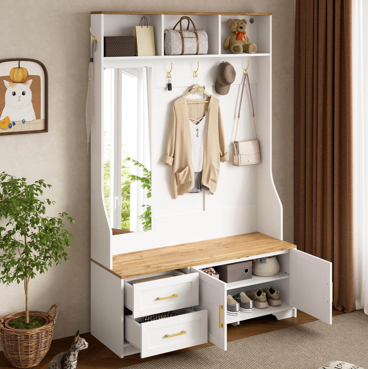 DIELENGARDEROBE 120/40/187 cm mit Spiegel, Sitzbank und LED in Weiß/Holzfarbe - Weiß, Holzwerkstoff (40/187/120cm) - BEAOK