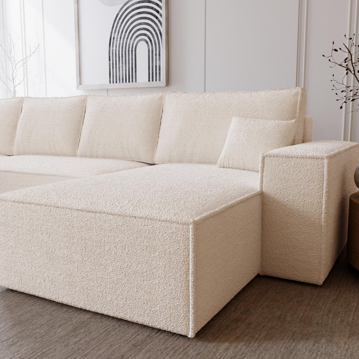 ECKCOUCH Bergamo U Bouclé mit Schlaffunktion, 380 cm, Beige - Beige, Holz (377/189cm) - Emporius