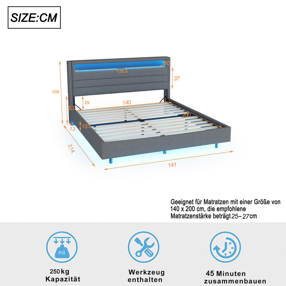 POLSTERBETT 140/200 cm aus Leinen mit USB-Steckdose und LED, Grau - Grau, Textil (140/200cm) - OKMYHOME