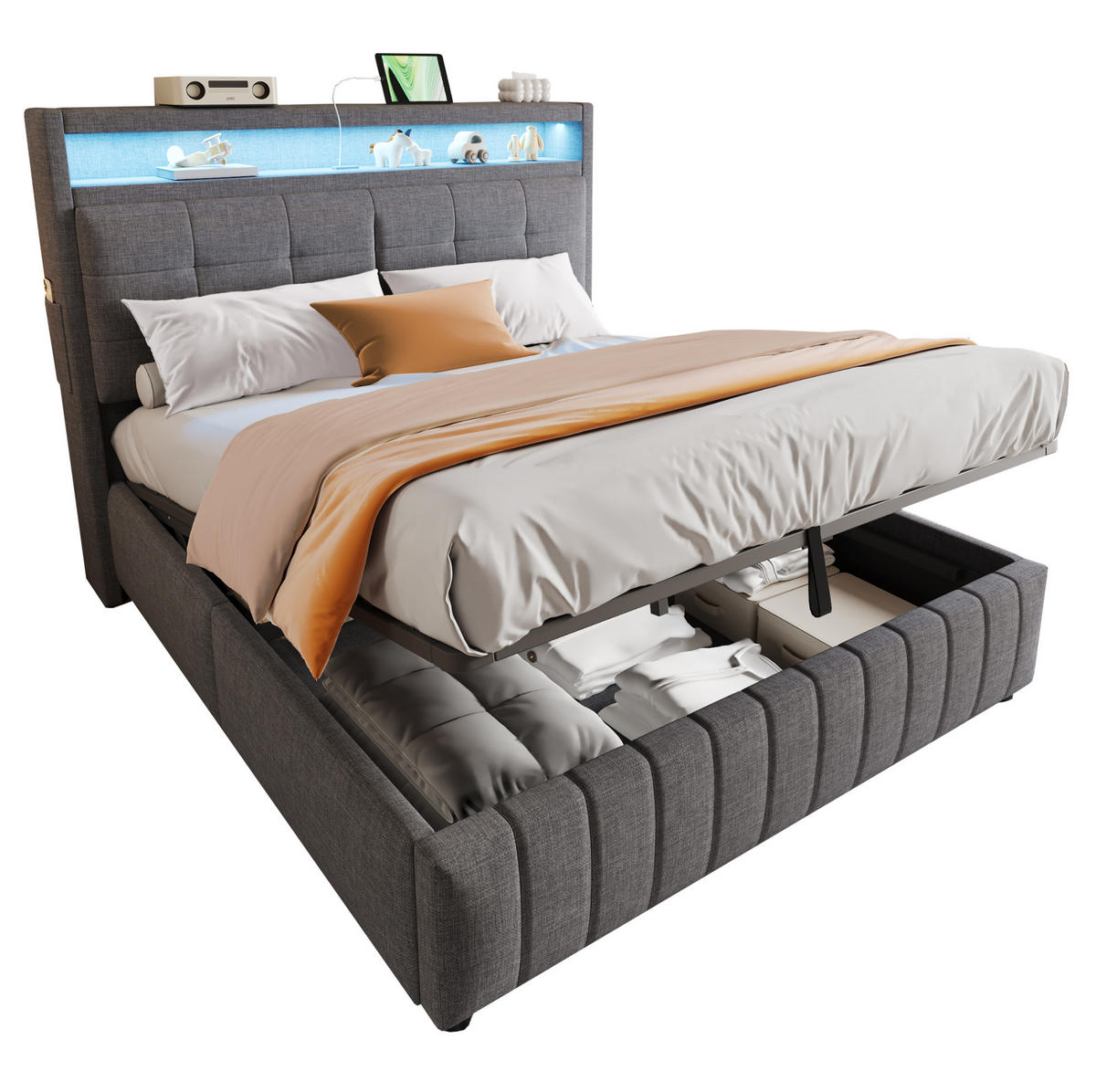 POLSTERBETT 160/200 cm grau mit LED-Beleuchtung und USB-Anschluss - Grau, Textil (160/200cm) - OKWISH