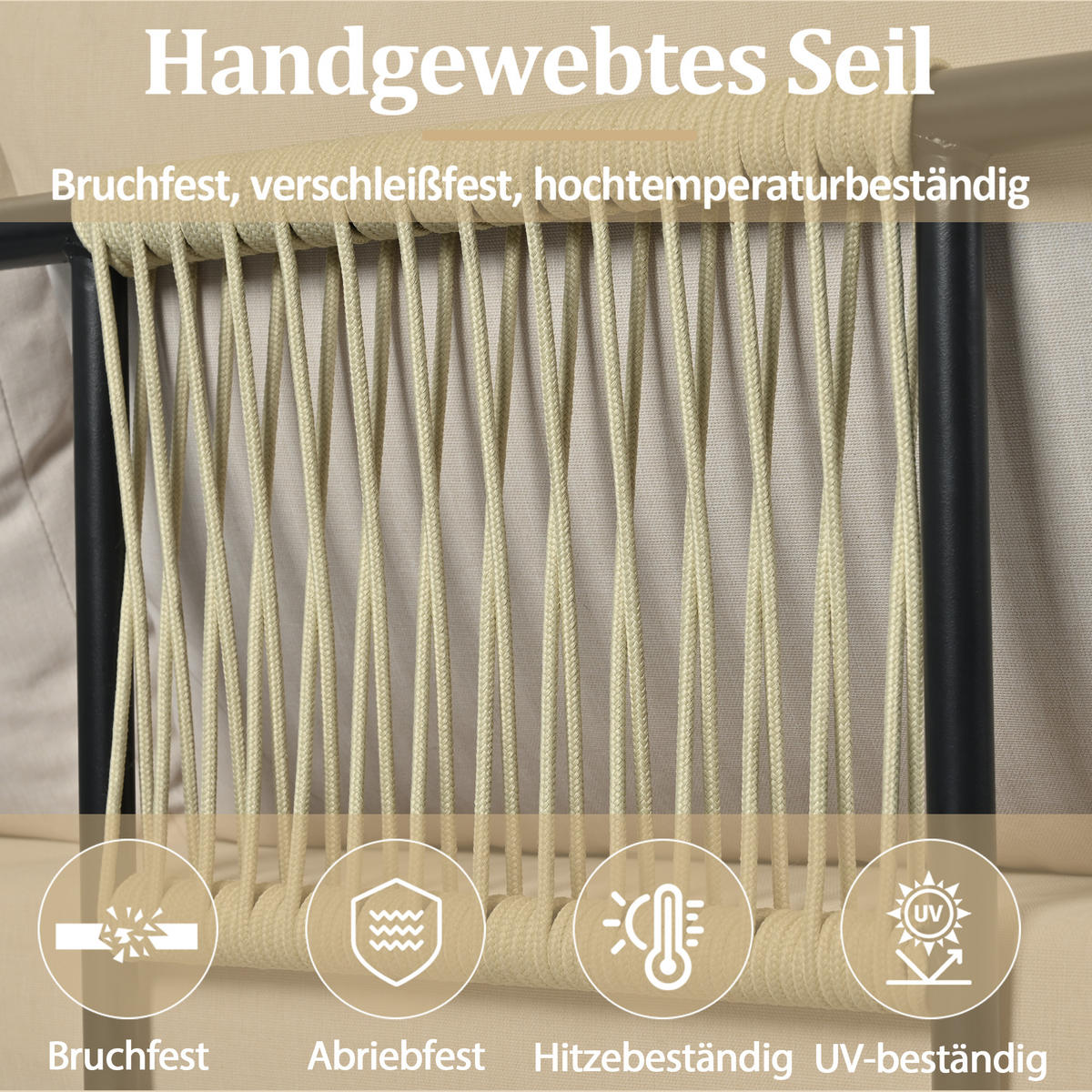 LOUNGESET 6er Seil Beige Mit Verstellbaren Füßen & Glastisch - Beige, Kunststoff - FLIEKS