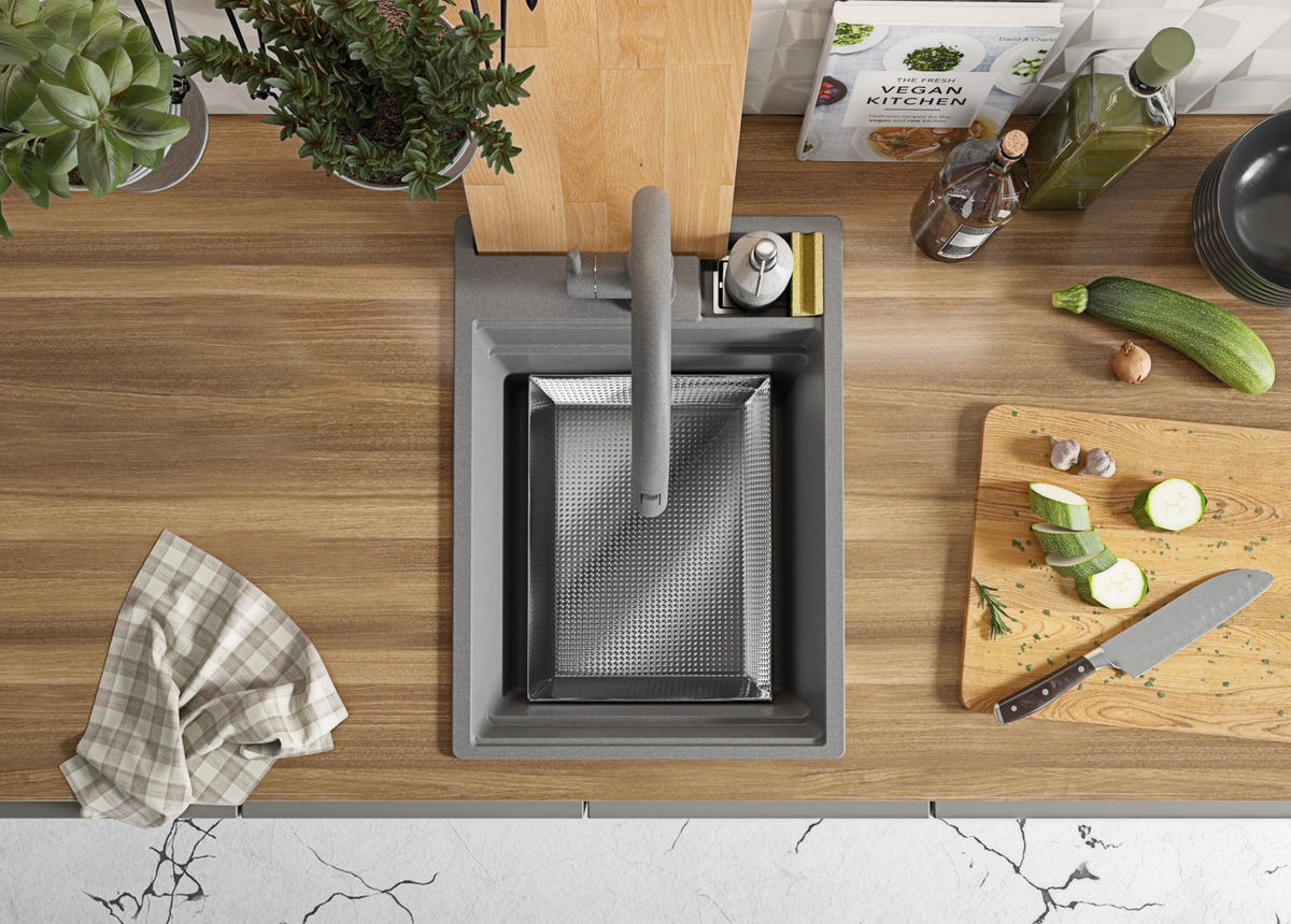 GRANITSPÜLE Oslo Pocket, 2-er set Grau 38/53 cm 1 Becken + Küchenarmatur 40/20 cm + Ablauf-Set + Küchenzubehörset ab 40er Unterschrank - Chromfarben/Beige, Kunststoff (38/20/53cm) - Primagran