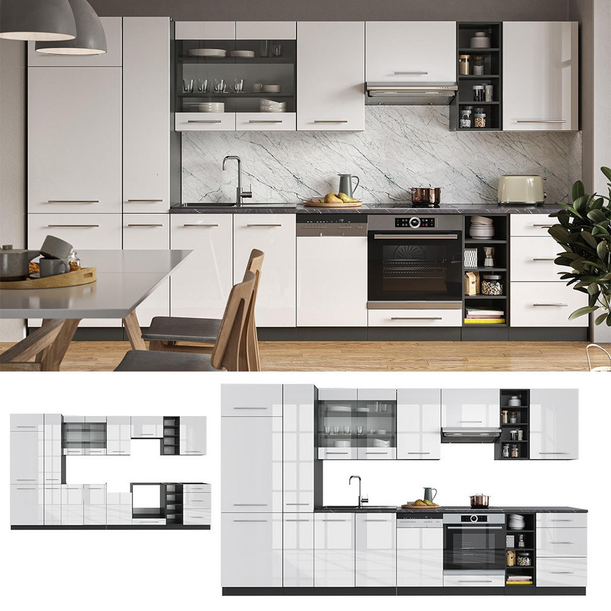 KUHINJSKI BLOK Fame-Line Bela barva visokega sijaja/antracit 355 cm , DP Antracit - bela/visoki sijaj, leseni material (355/206.8/60cm) - Vicco