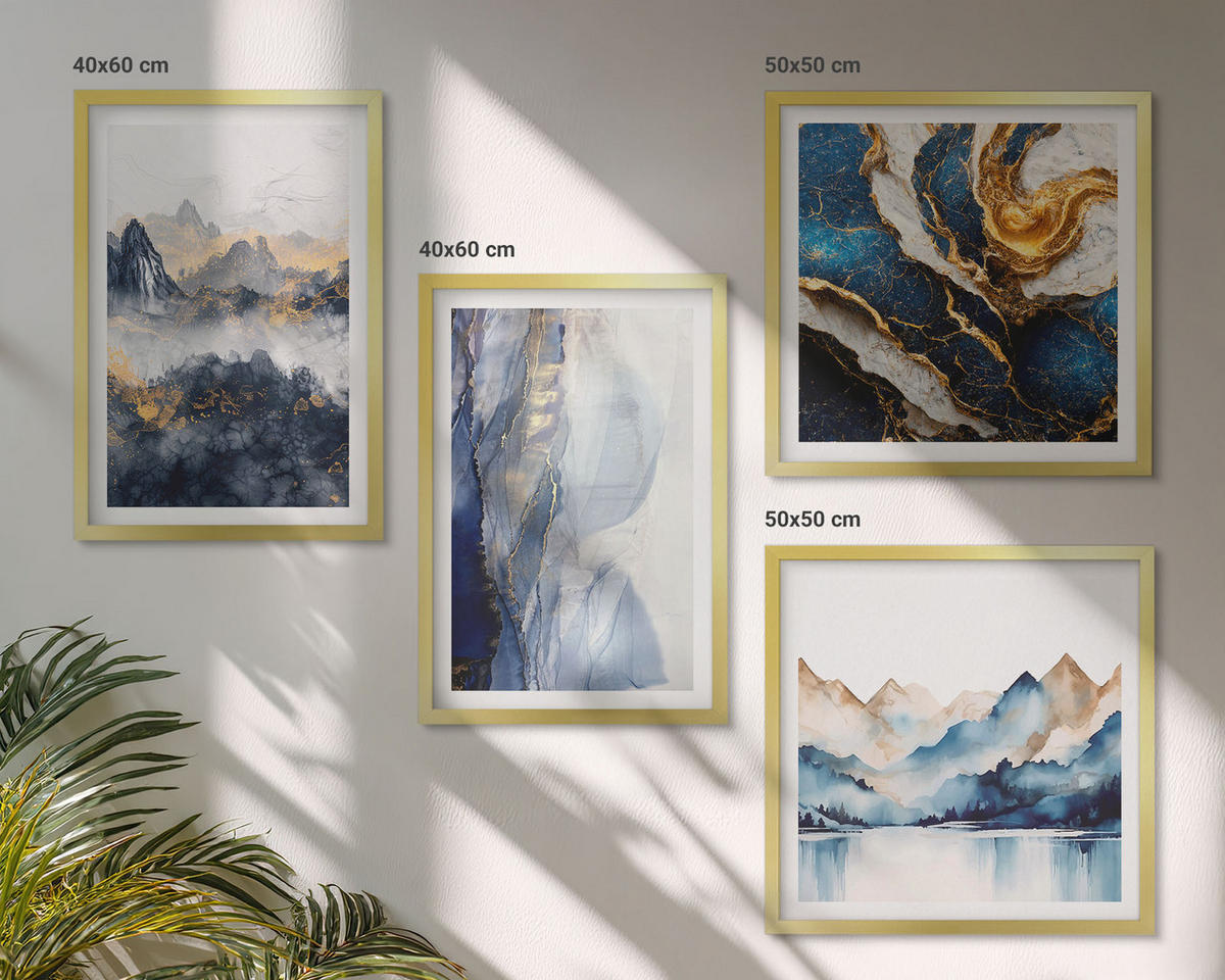 WANDBILDER 4er Set - 50x50 cm & 40x60 cm Goldrahmen - Blaue Berglandschaften - Goldfarben, Kunststoff (50/50cm) - ArtPrintCave