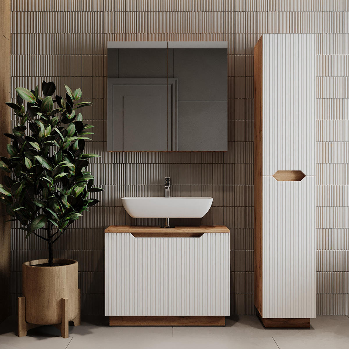 BADMÖBEL-SET Lotta Eiche/weiß gestreift 3 Teile - Eichefarben/Weiß, Holzwerkstoff (79.6/62.5/32cm) - Vicco