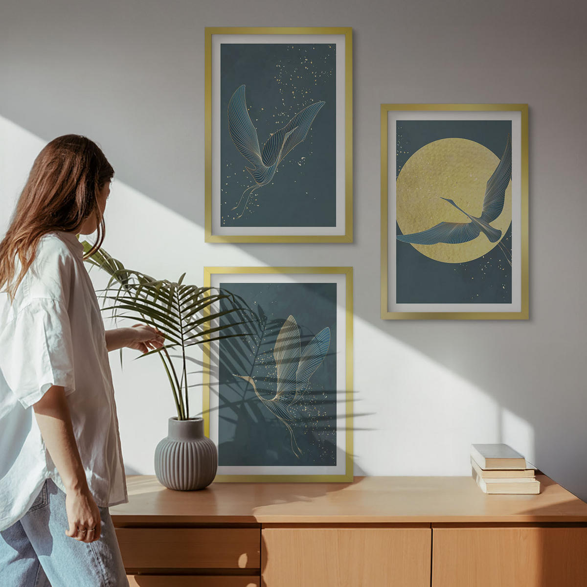 WANDBILDER 3er Set - 40x60 cm Goldrahmen - Kraniche im Flug bei Nacht - Goldfarben, Kunststoff (40/60cm) - ArtPrintCave