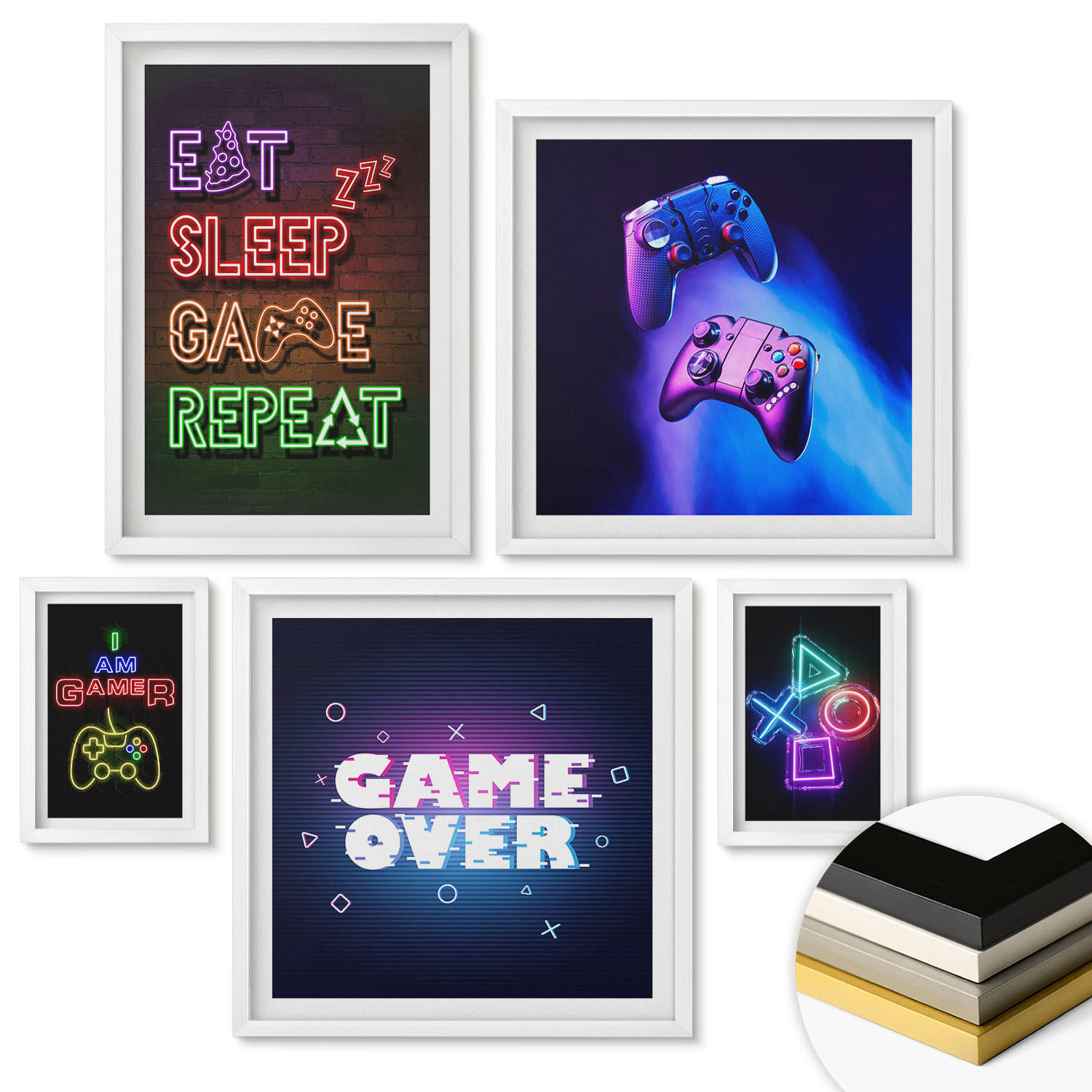 WANDBILDER 5er-Set - 50x50 cm & 20x30 cm & 40x60 cm Weißer Rahmen - Gamepads, Spielersymbol-Untertitel - Weiß, Kunststoff (40/60cm) - ArtPrintCave