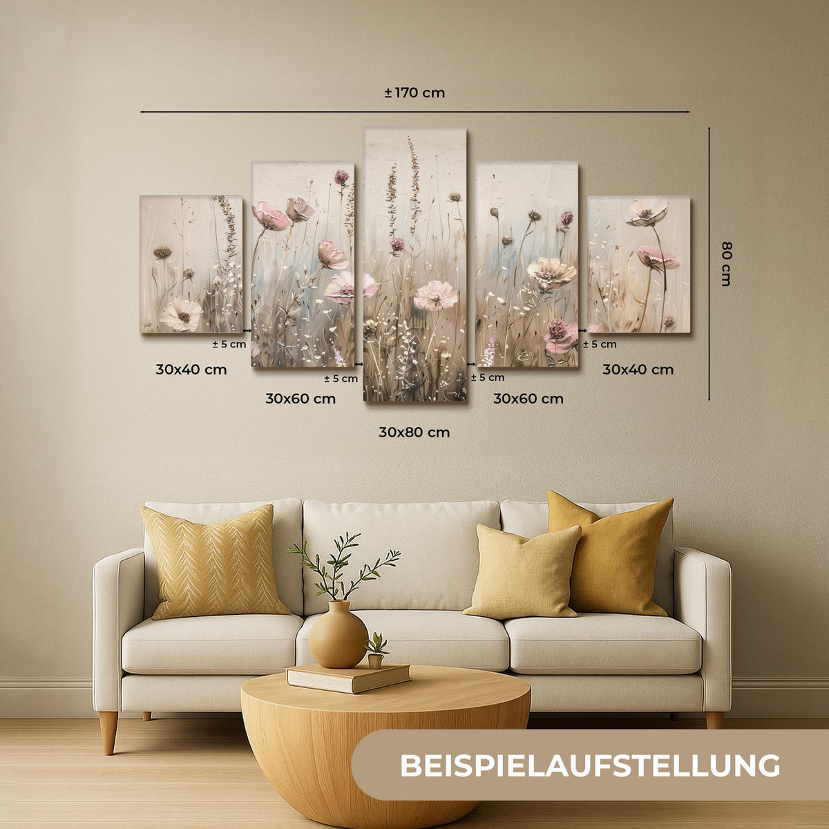OBRAZ NA PLÁTNĚ 5dílná sada Květiny - béžová - moderní - růžová 150x80 cm - ecru, textil (150/80cm) - MuchoWow