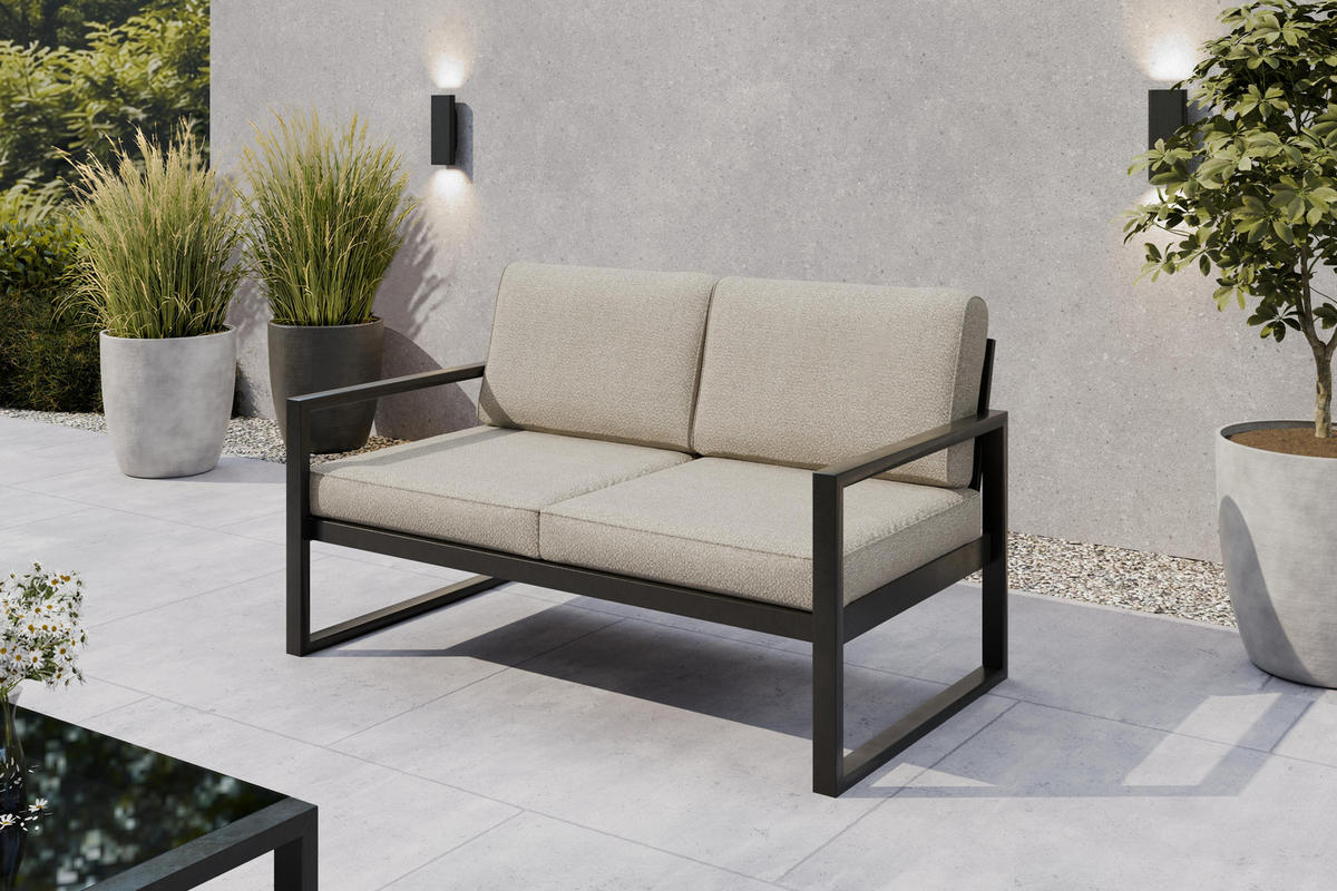 GARTENSET Madera für 6 Personen Balkonmöbel Aluminium Terassenmöbel Sitzbank, 4-tlg. Tisch schwarz, ecru - Ecru/Schwarz, Kunststoff/Metall - Margaret Hadas24
