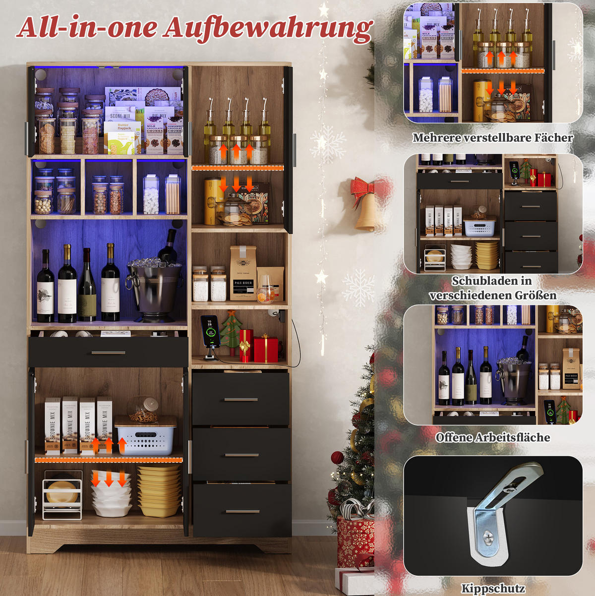BUFFETSCHRANK 40/100/185 cm mit LED-Beleuchtung, Steckdose und verstellbaren Einlegeböden, Schwarz/Natur - Schwarz, Holzwerkstoff (100/185/40cm) - Redom