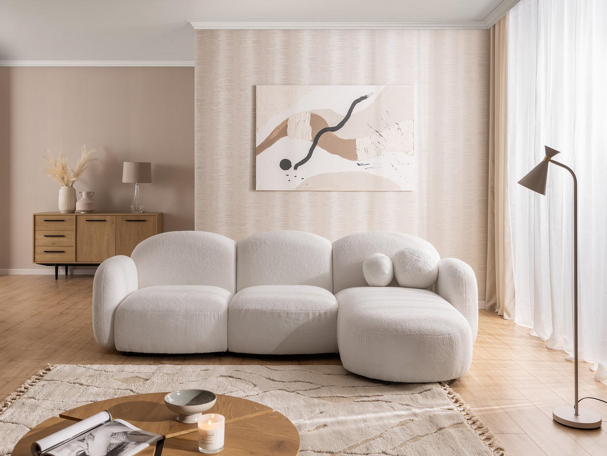 ECKSOFA Nuvola mit abgerundetem Design Schwarz Bouclé-Stoff - Ottomane Rechts - Schwarz/Weiß, Holz/Kunststoff (268/146cm) - S-Style Möbel
