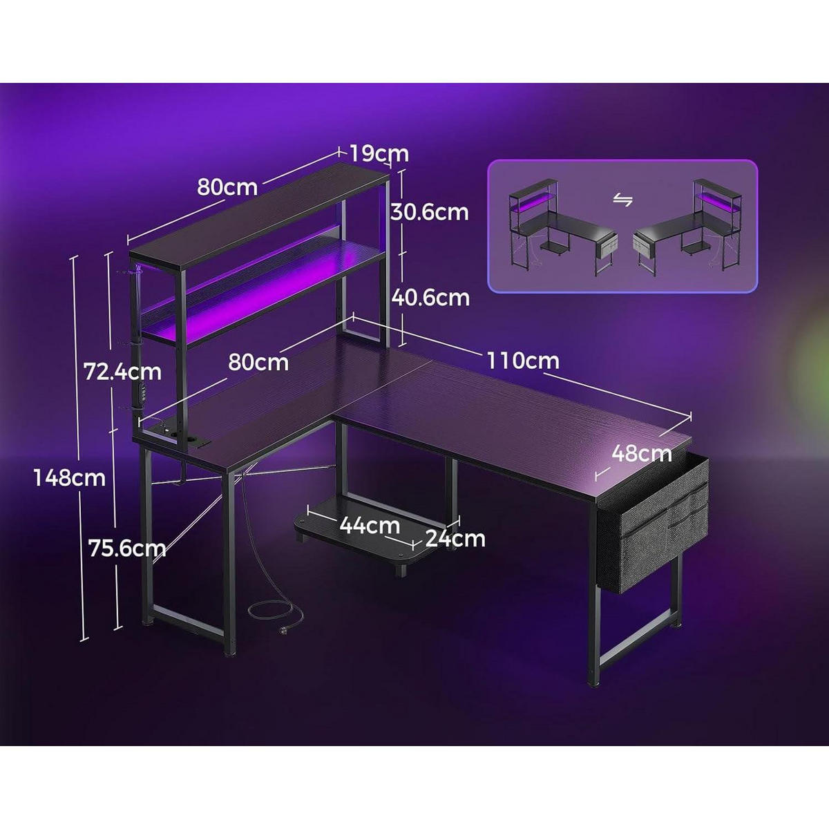 GAMING Tisch L-Form mit LED und Steckdosen 110 x 80 cm Schwarz - Schwarz, Holzwerkstoff (80/110/75.6cm)