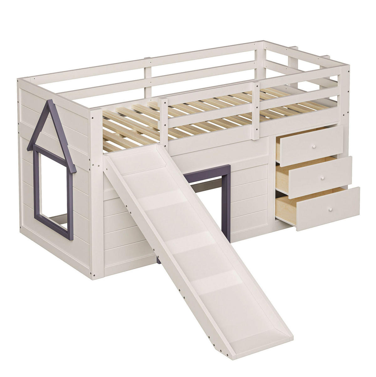 VISOKA postelja 90/200 cm krem iz MDF in bora s toboganom ter 3 predali in 2 vrati - bela, leseni material (90/200cm) - OKWISH