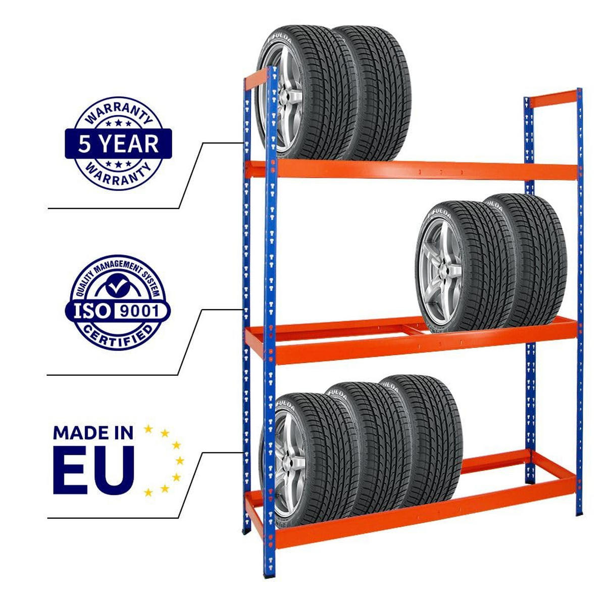 REIFENREGAL Tiger XL 2er-Set mit 2x 200x150x45 cm 300 kg Fachlast bis zu 36 Reifen Blau-Orange - Orange, Metall (300/200/45cm) - PROREGAL