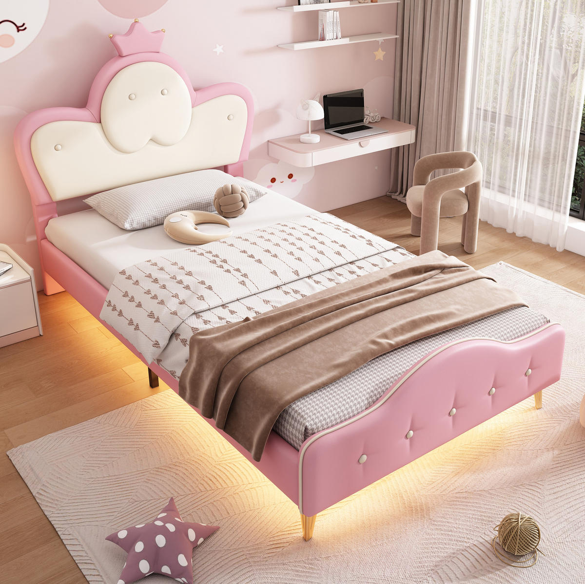 KINDERBETT Polsterbett 90/200 cm aus PU mit LED-Lichtleiste und Kronenkopfteil Rosa/Weiß - Weiß, Kunststoff (90/200cm) - Modenvie