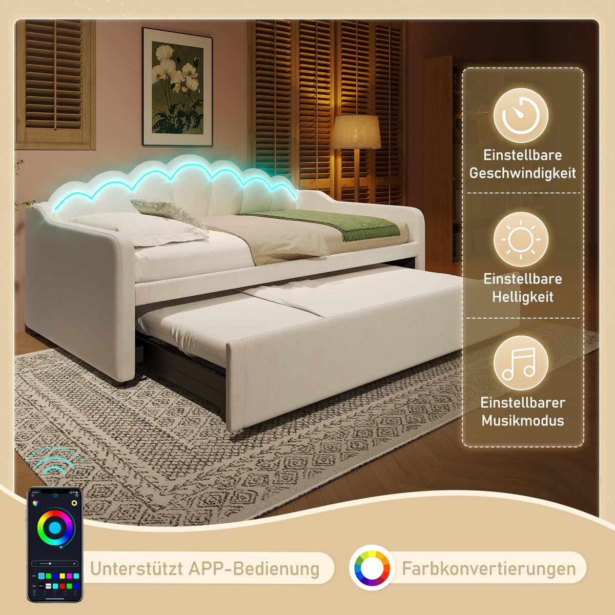 TAGEBETT 90x200cm + 180x200cm Beige Samt Ausziehbett LED-Streifen - Beige, Holz (180/200cm) - FLIEKS