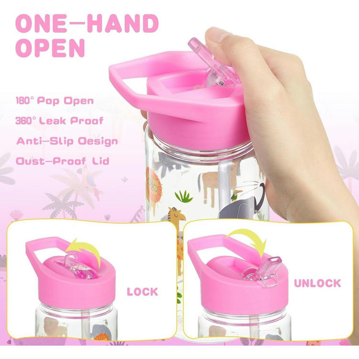 KINDER Trinkflasche mit Strohhalm 450 ml Rosa Tiere - Multicolor, Kunststoff (7.5/7.5cm)