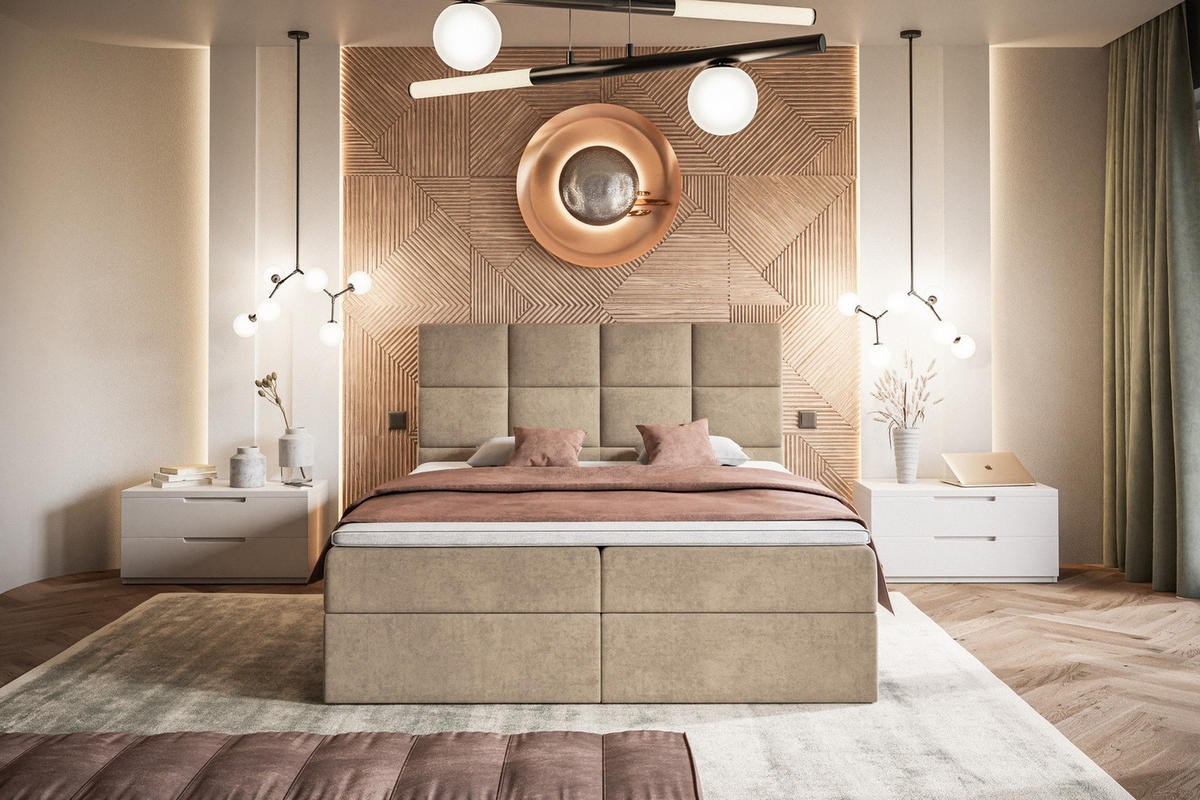 BOXSPRINGBETT mit Topper 180x200 Solo, Bettkasten, Matratze, Beige - Beige, Holz/Textil (180/200cm) - Emporius