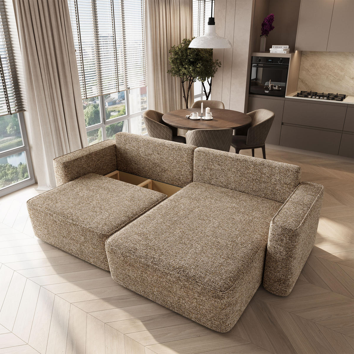ECKSOFA BELISE BL Beige Chenille mit Schlaffunktion - Beige, Holz/Textil (252/162cm) - MASSENO