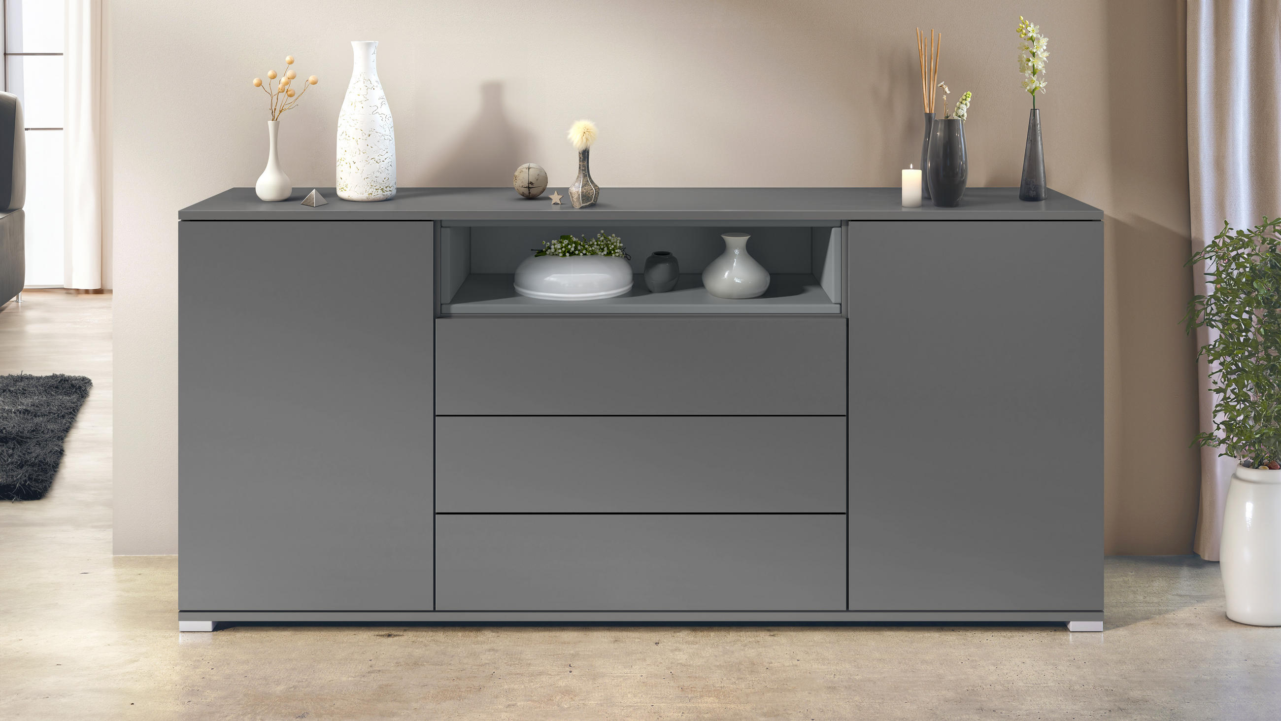 SIDEBOARD Skadu Graphit Seidenmatt - Graphitfarben, Holzwerkstoff (166.5/75.5/35cm) - Vladon