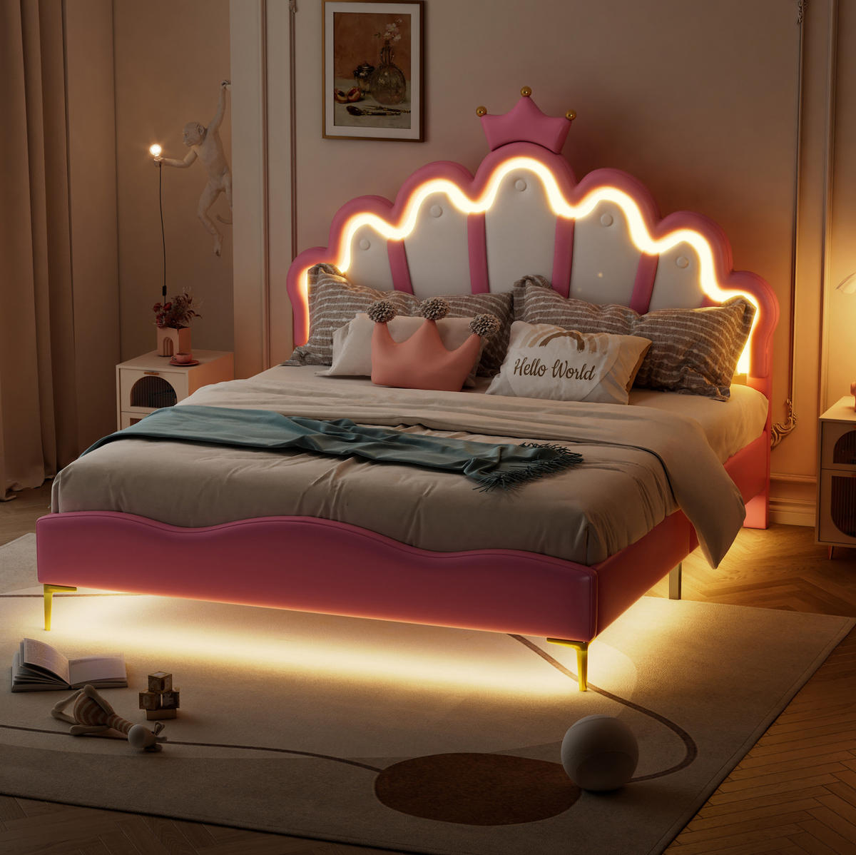 KINDERBETT 140/200 cm aus PU-Kunstleder mit LED-Beleuchtung in Rosa - Rosa, Kunststoff (140/200cm) - Flora Grace