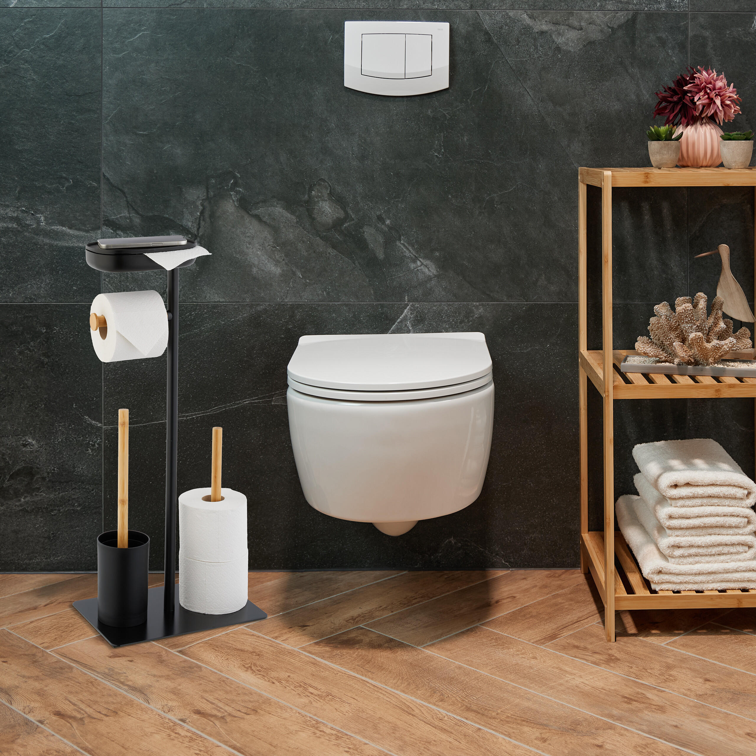 WC-GARNITUR - Schwarz, Holz/Kunststoff (30/66.5/20cm) - Relaxdays
